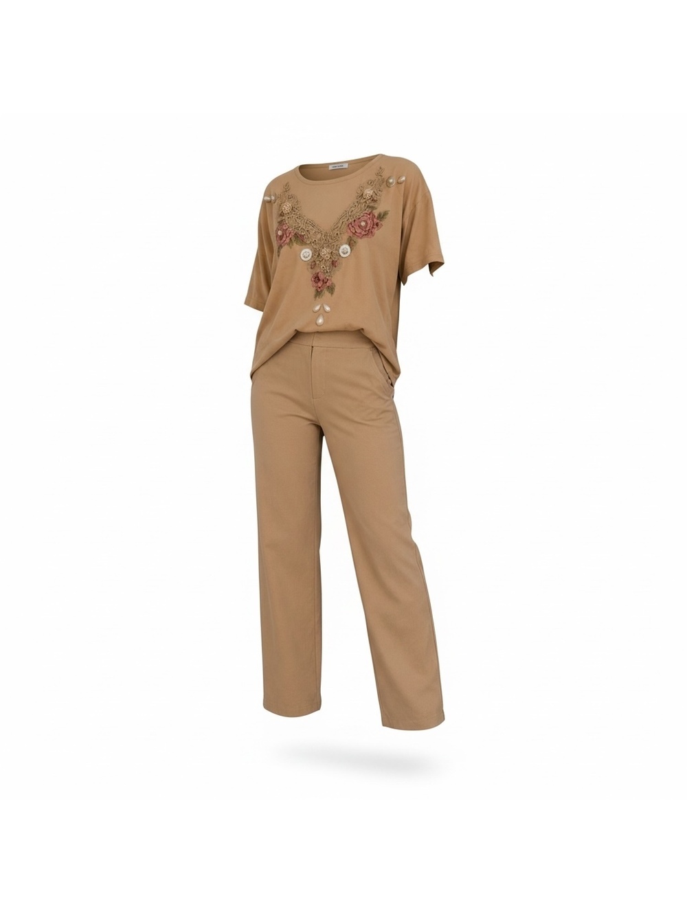 Tan Floral Embellished Top & Wide-Leg Pants Set